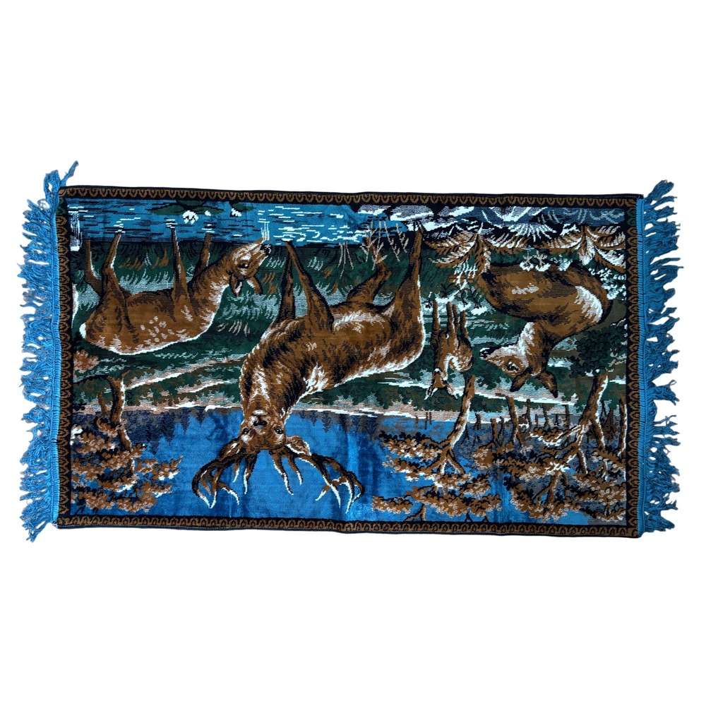 Vintage Woven Deer Tapestry Wall Hanging Forest Wildlife Rug Blue Fringe